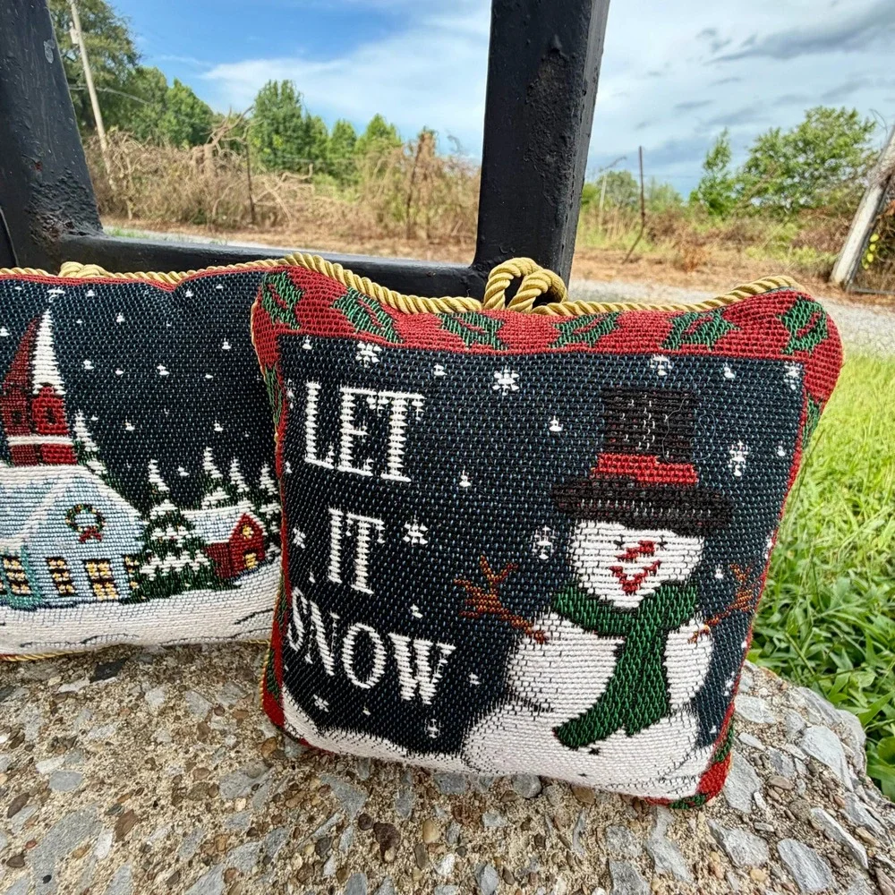 Vintage Christmas Needlepoint Pillow Doorhangers Set of 2 Snowman Church Winter